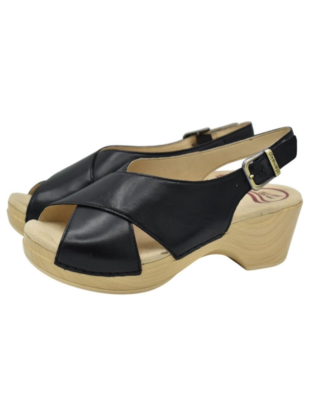 Dansko Womens Size EU 38 Sloane Calf Black Leather Wedge Open Toe Sandals Shoes